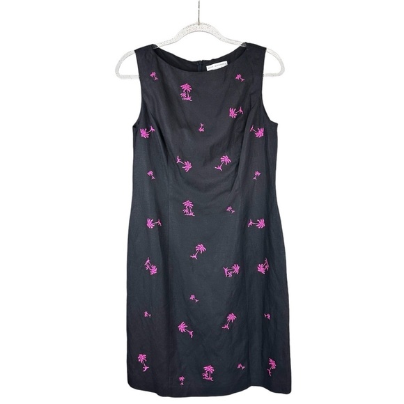 Annie Alexander Embroidered Linen Blend Palm Tree Dress in Black and Pink Size 8 - Picture 1 of 7